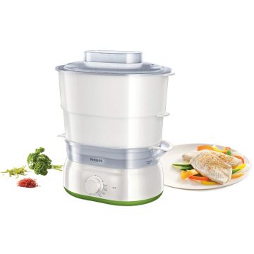 Aparat de gatit cu aburi Philips HD9104/00, 900 W, 5 l, 2 cosuri, timer, Sistem de protectie, Alb